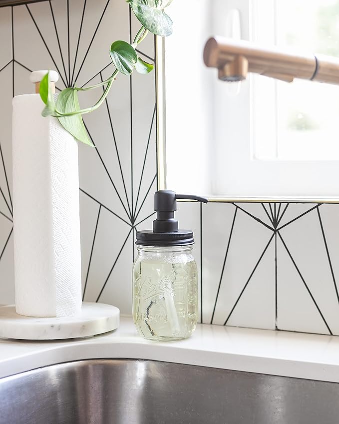 Jarmazing Products Mason Jar Soap Dispenser - Black - 16 oz Ball Mason Jar Liquid Dispenser for Kitchen & Bathroom - Glass - Dish Soap Dispenser with Rust Proof Stainless Steel Pump & Lid