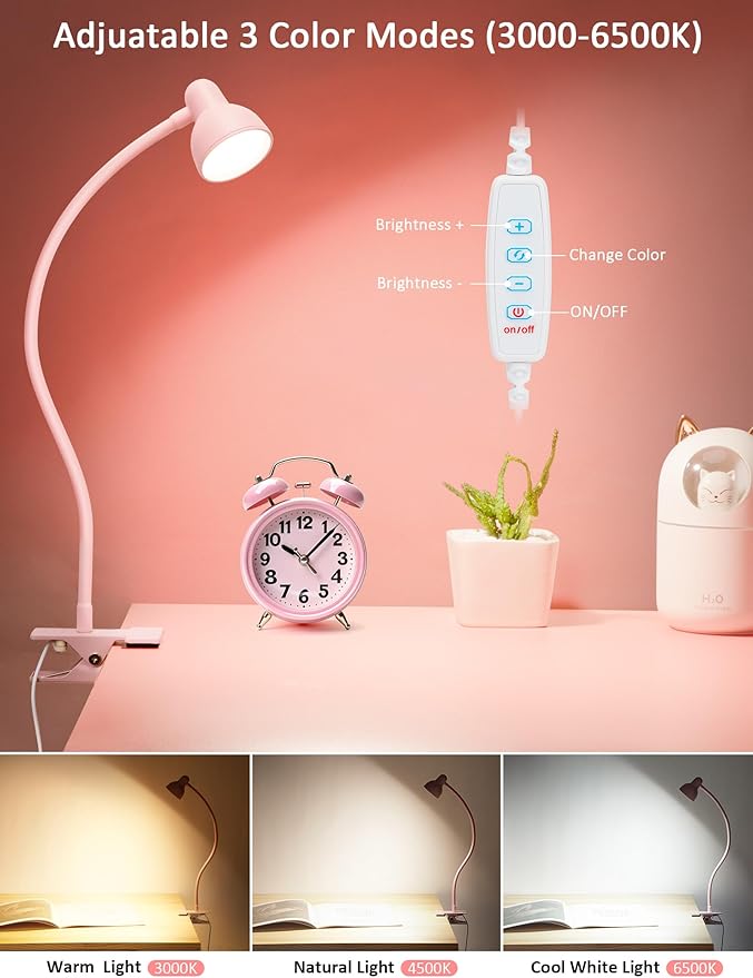 LiFMIRA Pink Small Desk Lamp Clip on Reading Light for Bed 3 Colors 10 Brightness Dimmable Flexible Gooseneck Clip on Light for Bed Headboard College Dorm Room