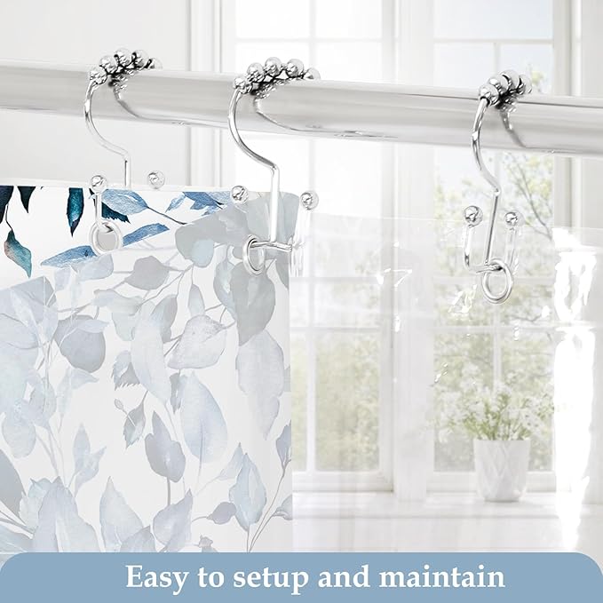 Gibelle 3 in 1 Shower Curtain Set, 72x72 Blue Eucalyptus Bath Curtain and PEVA Liner Set with 12 Metal Hooks, Waterproof Fabric Bathroom Curtain