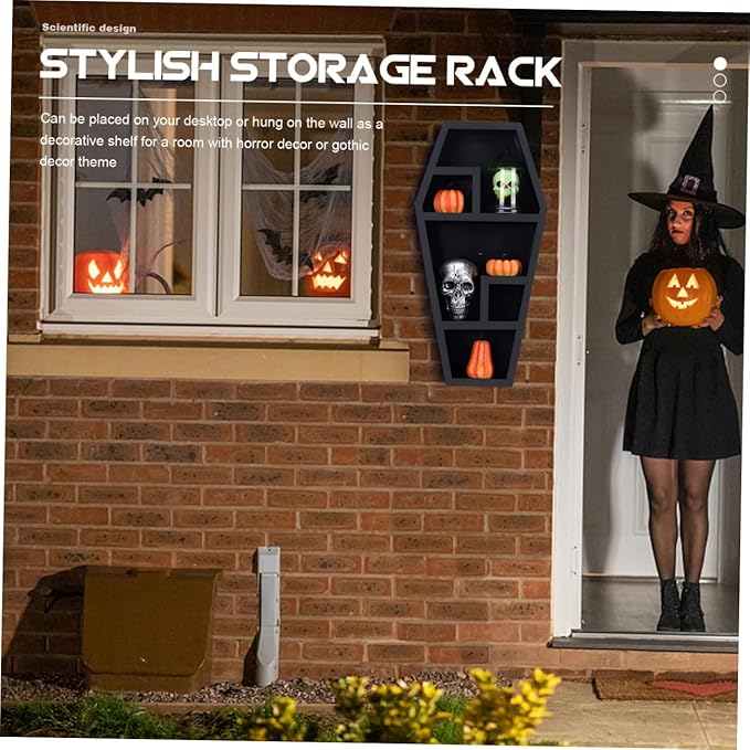 Coffin Shaped Storage Rack Gothic Organizer for Halloween Decor Unique Display Shelf for Creepy Collectibles Design for Parties and Haunted House Themes