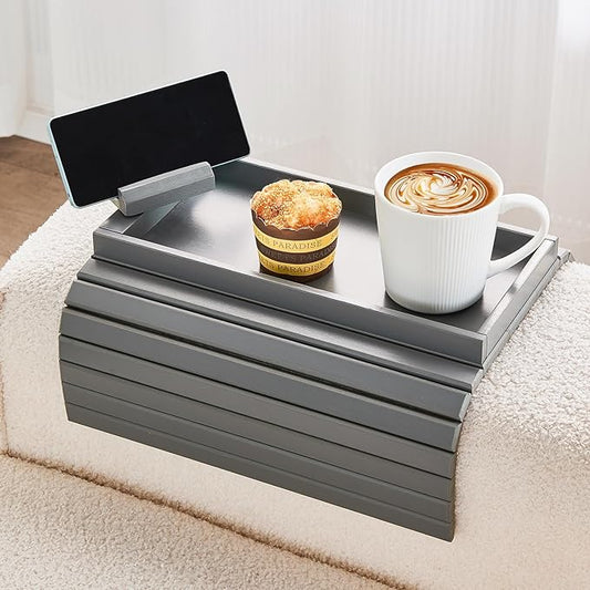 LOVYANXUE Bamboo Sofa Arm Tray, Anti Falling Couch Arm Tray Armrest Table with 360° Rotating Phone Holder, Foldable and Portable Sofa Armrest Trays Cup Holder for Drink,Cups, Phone, Snacks, Remote