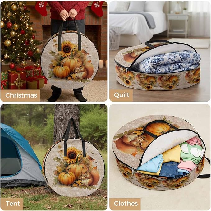 Thanksgiving Sunflowers Round Storage Bag 30 Inch, and Pumpkin with Squirrel Beige Clothes Storage Container with Handles Heavy Duty Organizer for Comforter, Bedding & Holiday Wreaths