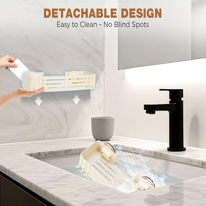 Lekesky Suction Cup Shower Caddy, No Drill Shower Shelves with a Towel Bar, Aluminum Rust Proof Bathroom Shower Organizer with 12 Hooks（2-Pack, Cream）