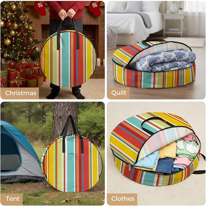 Storage Bag Colorful Stripes Round Storage Totes Bins Closet Organizers with Zippers & Handle Boho Style Striped Clothes Storage Container for Bedroom Dorm Space Saving Packing Supplies Moving Bags