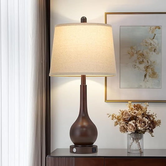 26" Brown Table Lamp Single, Touch Control Bedside Lamp for Bedroom Nightstand, 3-Way Dimmable Farmhouse Lamp for Living Room with Charging Port (1 Pack)