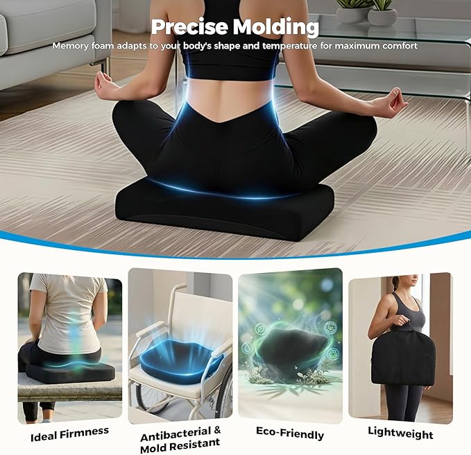 Tsumbay Firm Support Coccyx Cushion for Office Chair - Orthopedic Memory Foam, XL Size (18.5”x16.5”), Tailbone Pain Relief with Removable Washable Cover & Handle for Car, Wheelchair