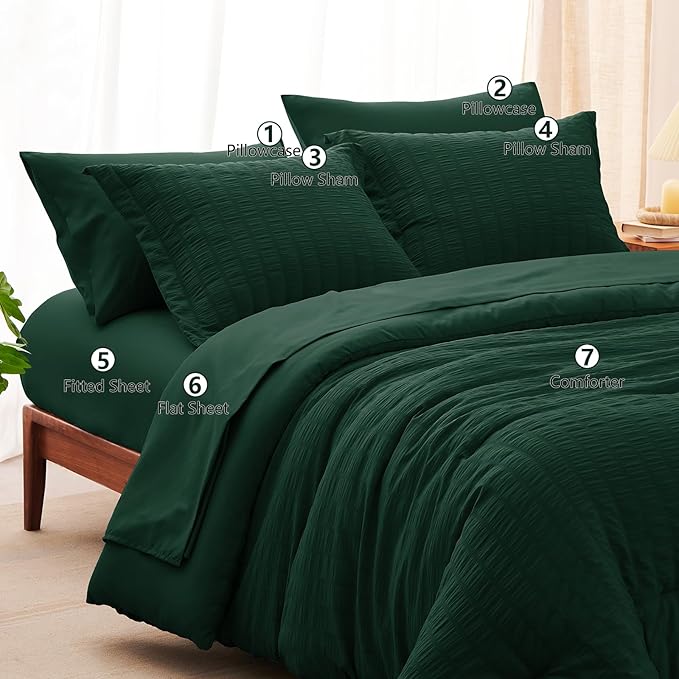 CozyLux Full Size Comforter Sets with Sheets 7 Pieces, Emerald Green Seersucker Bed in a Bag Textured Luxury Soft Bedding Sets with Down Alternative Comforter, Sheets, Pillowcases & Shams All Season