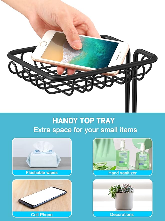 Toilet Paper Holder Stand with Shelf, Free Standing Toilet Paper Roll Dispenser Holds 3 Big Rolls of Jumbo Mega Paper, for RV Bathroom, Floral Pattern, Black