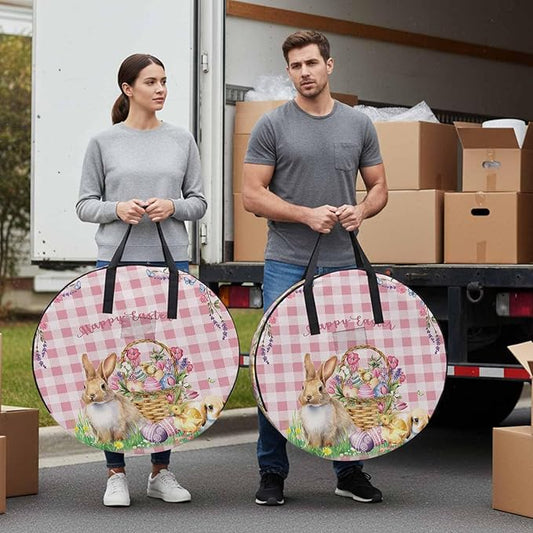 24 Inch Round Storage Bag 2 Pack,Easter Bunny Eggs Basket and Chick Waterproof Wreath Storage Container with Handles&Zipper Spring Flower with Pink Lattice Closet Organizer Bags Garland Box
