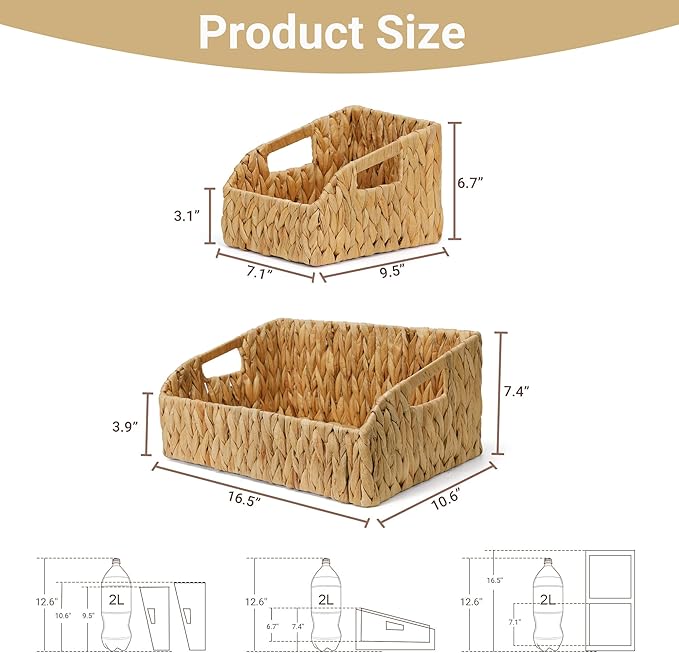 Pantry Baskets and Organizers, Large Wicker Baskets for Shelves, Handwoven Labeled Storage Basket for Organizing with Handles-Water Hyacinth Storage Bins, Boho Decorative, 3Pack, Natural