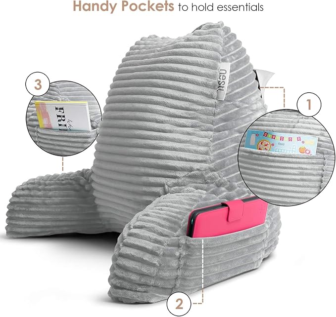 Nestl Light Grey Reading Pillow with Bed Desk for Laptop and Writing, Luxe Cut Plush Back Pillow for Sitting Up, Back and Arms Adjustable Support for Adult and Teens, Foldable Lap Desk for Bed 22x14”