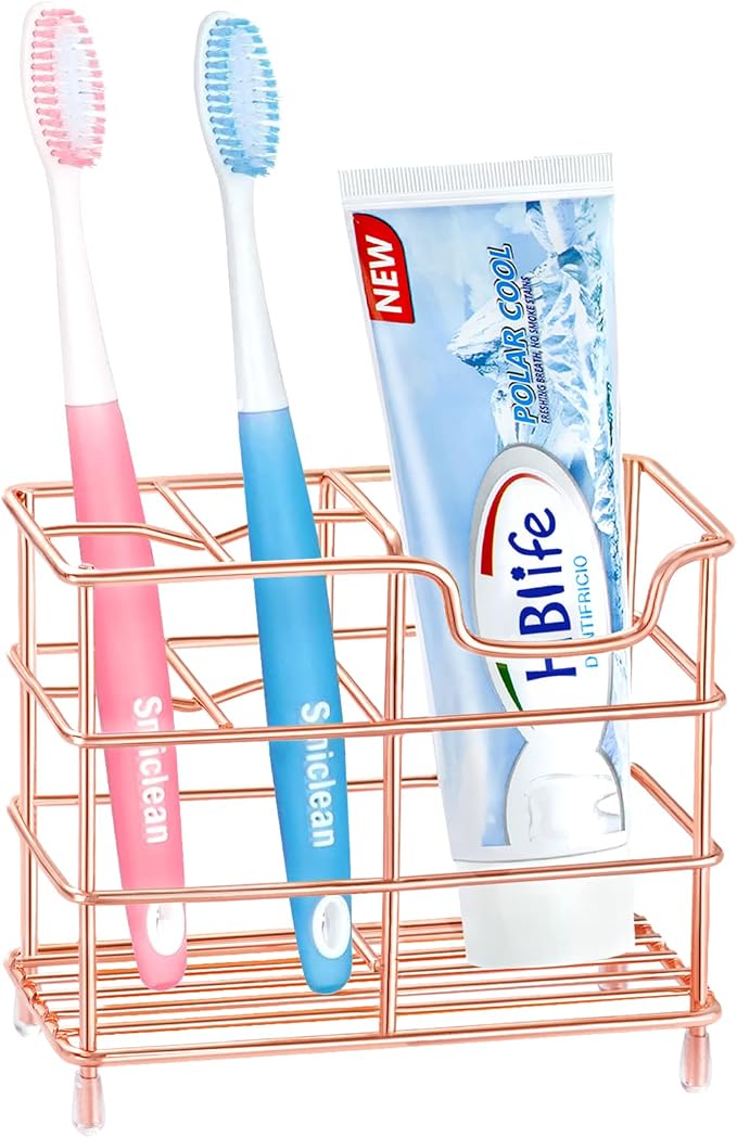 HBlife Small Toothbrush Holder for Bathroom, 5 Slots Rose Gold Stainless Steel Bathroom Accessories Organizer for Small Spaces