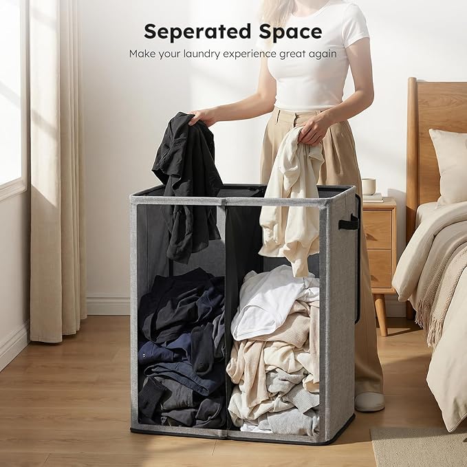 SOLEDI Double Laundry Hamper with Lid and Removable bag, Large Laundry Basket 2 Section with handles, Collapsible Dirty Clothes Hampers for Laundry, Bedroom, Dorm, College