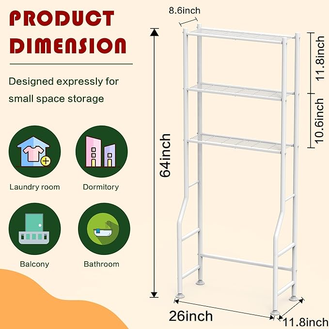 GloTika 3-Tier Over Toilet Storage Rack, Metal Over Toilet Bathroom Organizer Shelf, Freestanding Space Saver Storage Shelves for Bathroom/Laundry/Living Room (White)