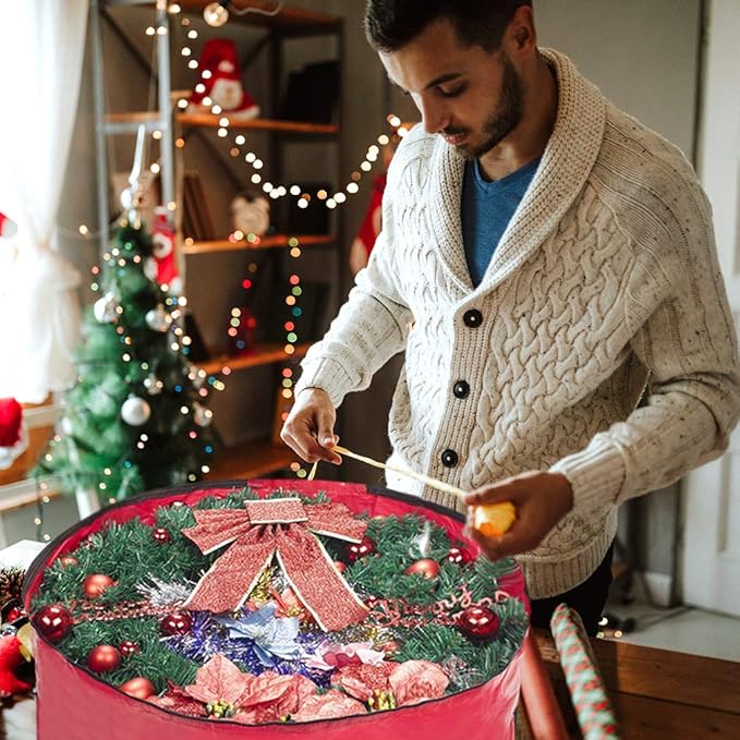 Propik Christmas Wreath Storage Bag 30" - Garland Holiday Container with Clear Window - Tear Resistant Fabric - 30" X 30" X 8" (Red)