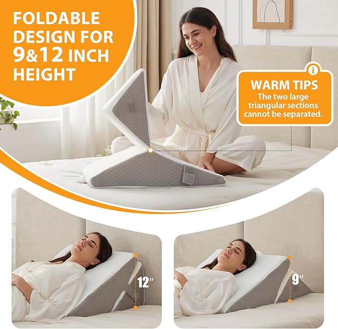 Ruqmuis Bed Wedge Pillow for Sleeping, 9&12 Inch Adjustable Wedge Pillow Set for After Surgery, Triangle Pillow for Back Pain Relief, Leg Support, Acid Reflux, Gerd, White/Grey