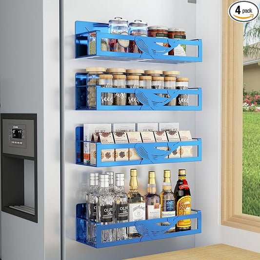 Magnetic Spice Rack for Refrigerator, 4 Pack Metal Magnetic Shelf Organizer for Fridge Side, Strong Spice Storage Rack for Kitchen, Dark Blue