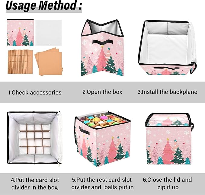 Pink Christmas Tree Ornament Storage Basket Box Winter Snowflake Xmas Holiday Storage Container Cube with Adjustable Dividers for 64 Holiday Ornaments or Decorations Keep Clean and Dry for Next Season