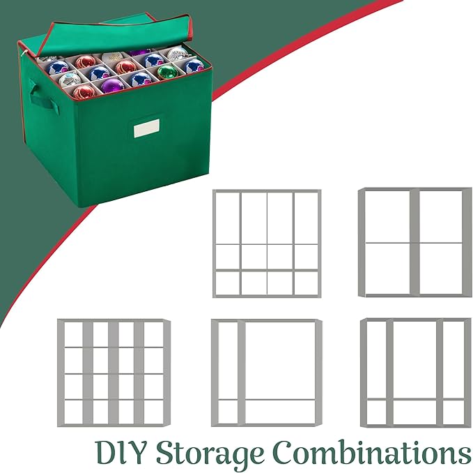 Tiny Tim Totes Christmas Storage Box with Zip Top, Large Ornaments storage box, holds up to 75 ornaments, Green