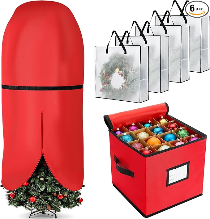 SATINIOR 6 Pcs Upright Christmas Tree Storage Bag Set 5 Ft Christmas Tree Storage Bag 26" Xmas Wreath Containers 11.8" Ornament Bags with Dividers Hold 64 Balls for Artificial Trees Garland(Red)