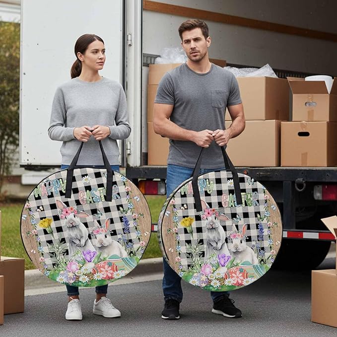 24 Inch Round Storage Bag 2 Pack,Farm Easter Blossom Flowers Bunny Waterproof Wreath Storage Container with Handles&Zipper Black White Buffalo Tartan Closet Organizer Bags Garland Box