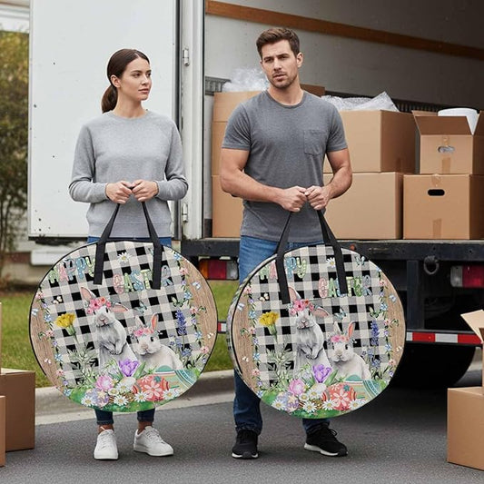 36 Inch Round Storage Bag 2 Pack,Farm Easter Blossom Flowers Bunny Waterproof Wreath Storage Container with Handles&Zipper Black White Buffalo Tartan Closet Organizer Bags Garland Box