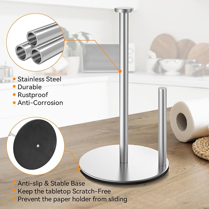 Paper Towel Holder for Kitchen, Countertop Paper Towel Holder, Silver Stainless Steel Paper Roll Holder, Weighted Paper Towel Stand for Standard and Large Size Rolls