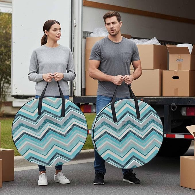 Storage Bag Aqua Turquoise Chevron Round Storage Totes Bins Closet Organizers with Zippers & Handle Geometric Design Stripe Clothes Storage Container for Bedroom Dorm Space Saving Packing Supplies
