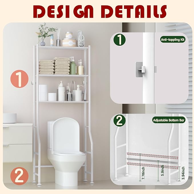 GloTika 3-Tier Over Toilet Storage Rack, Metal Over Toilet Bathroom Organizer Shelf, Freestanding Space Saver Storage Shelves for Bathroom/Laundry/Living Room (White)