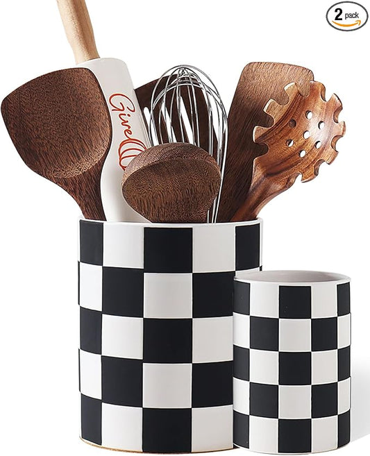 Checkered Kitchen Utensil Holder - 7.1"+5.8" Ceramic Utensil Crock for Countertop, Kitchen Decor and Accessories for counte (Black)
