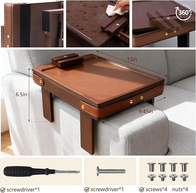 Sofa Armrest Tray with Bamboo - 5.5" - 9.8" Adjustable Couch Arm Table with 360° Rotating Phone Holder and Hidden Storage Compartment for Snacks, Drinks, Remote (Dark Brown)