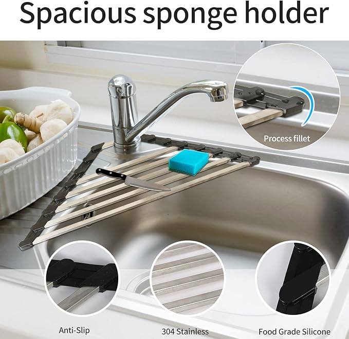 Ahyuan Corner Sink Dish Drainer over the Sink Dish Drying Rack Corner Dish Rack SUS304 Cubic Stainless Still Kitchen Sponge Holder Corner Sink Sponge Caddy Dish Rack (Black)