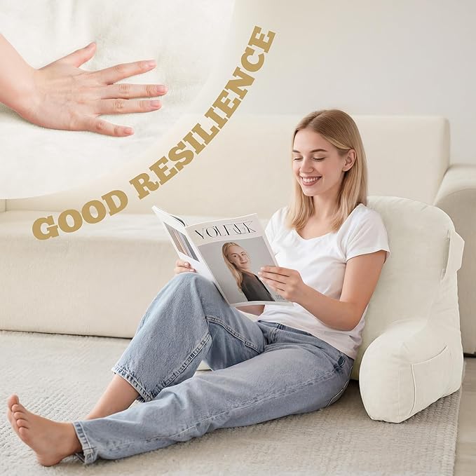 Unisakey Portable Comfy Reading Pillows for Bed Sitting Up(Beige Oeko-Tex), Velvet Back Pillow with Arms & Pockets for Adults, Support Memory Foam Bed Pillow for Dorm/Reading/Watching/Gaming