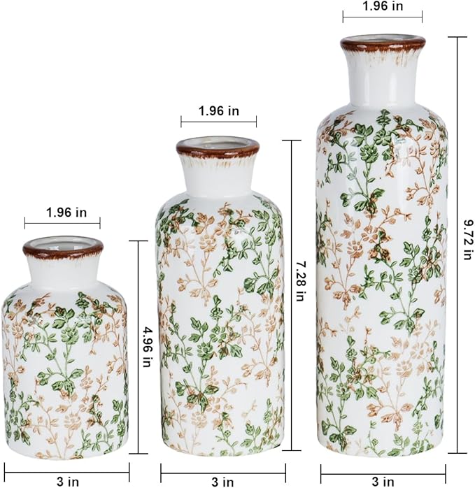Ceramic Vase Set of 3, Vintage Ceramic Flower Vases, Crackle-Glaze & Distressed Rim, Brown & Green Botanical Pattern, for Home Decor, Living Room Mantel & Dining Table Centerpiece
