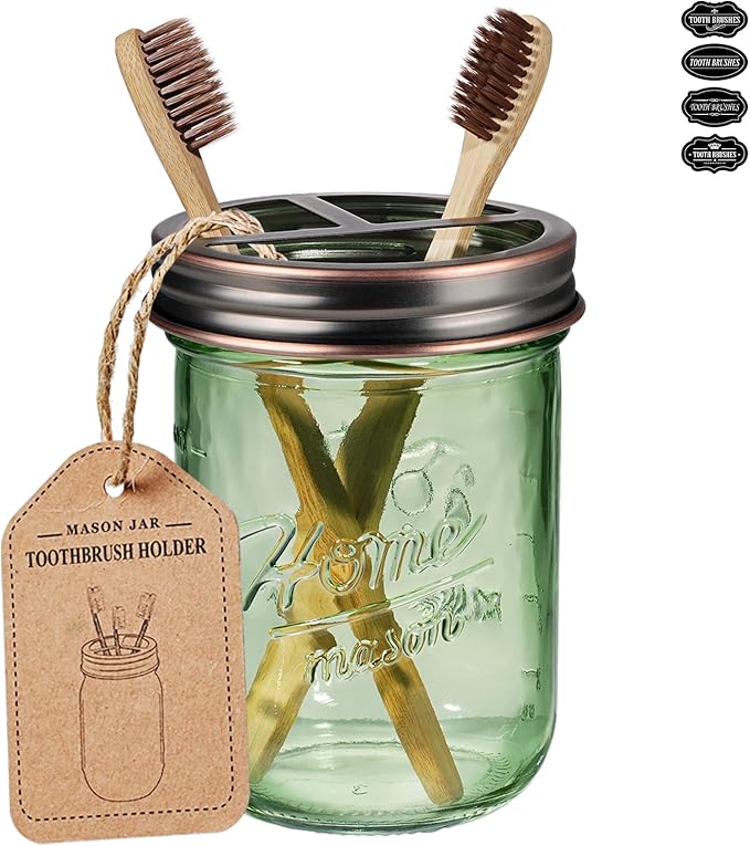 SheeChung Mason Jar Toothbrush Holder, Green Glass Toothbrush Holder, Bathroom Countertop Organizer, Stainless Steel Lid, Toothbrush Toothpaste Holder Storage, Oil Rubbed Bronze Bathroom Accessories