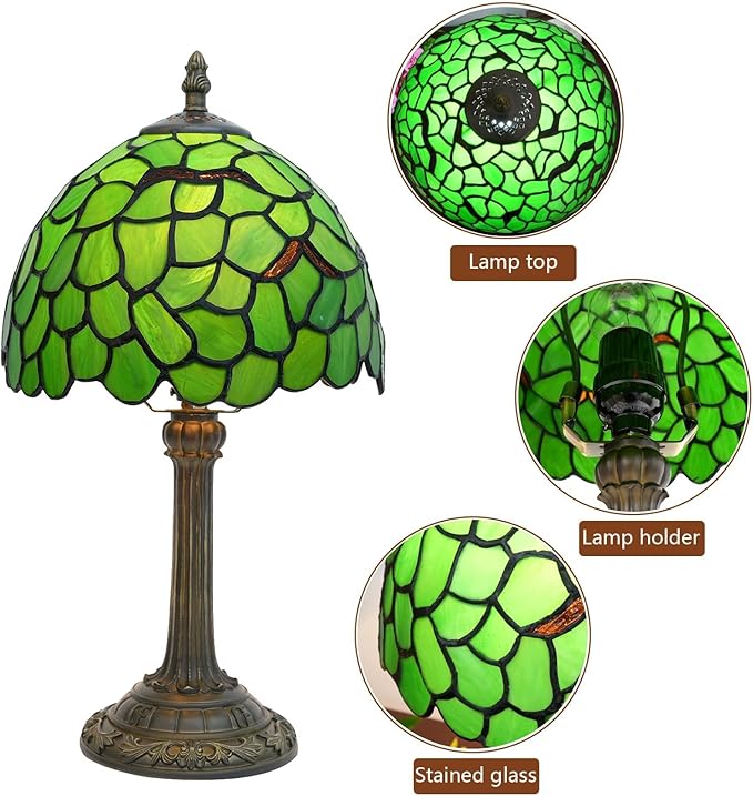 Tiffany Lamp Stained Glass Table Lamp 8X8X14 Inches Desk Reading Light Decor Beside Bedroom Living Room Home (H-1056- Green Leaf)