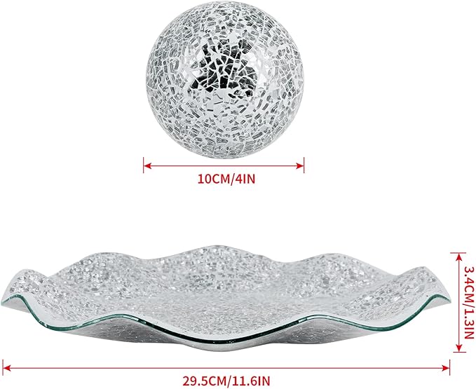 MDLUU Centerpiece Bowl and Balls Set, Mosaic Tray with 3 Pieces Spheres, 12" Decorative Plate with 4" Mosaic Orbs for Home Decor, Gift (Silver)