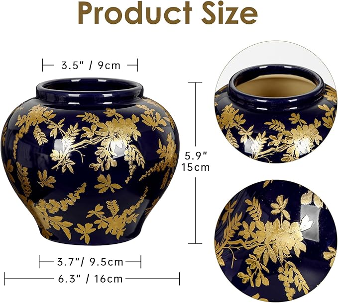 Hollyone Blue and Gold Vase Porcelain Vases 7inch Chinoiserie Vase Classic Ceramic Chinese Floral Vases for Bedroom Living Room Console Table Accent Shelf Tabletop Home Decor