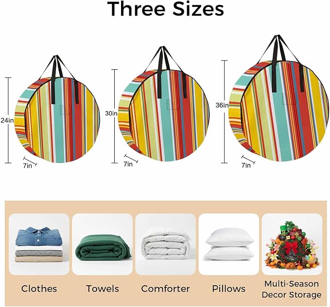Storage Bag Colorful Stripes Round Storage Totes Bins Closet Organizers with Zippers & Handle Boho Style Striped Clothes Storage Container for Bedroom Dorm Space Saving Packing Supplies Moving Bags
