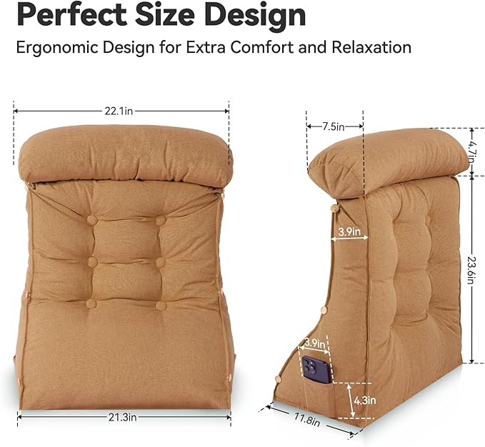 23" H Bed Wedge Reading Pillow with Adjustable Headrest, Reading Pillow for Sitting in Bed Couch Adult Backrest Pillow for Neck Back Lumbar Support with Removable Washable Cover Light Coffee
