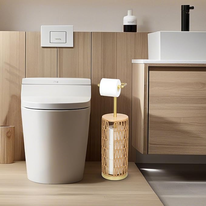 Trongee Freestanding Toilet Paper Holder with Storage,3 Rolls of Boho Toilet Paper Holder Stand with Lid,Gold Toilet Tissue Holder Stand Rattan Paper Storage Wicker Toilet Roll Holder Basket