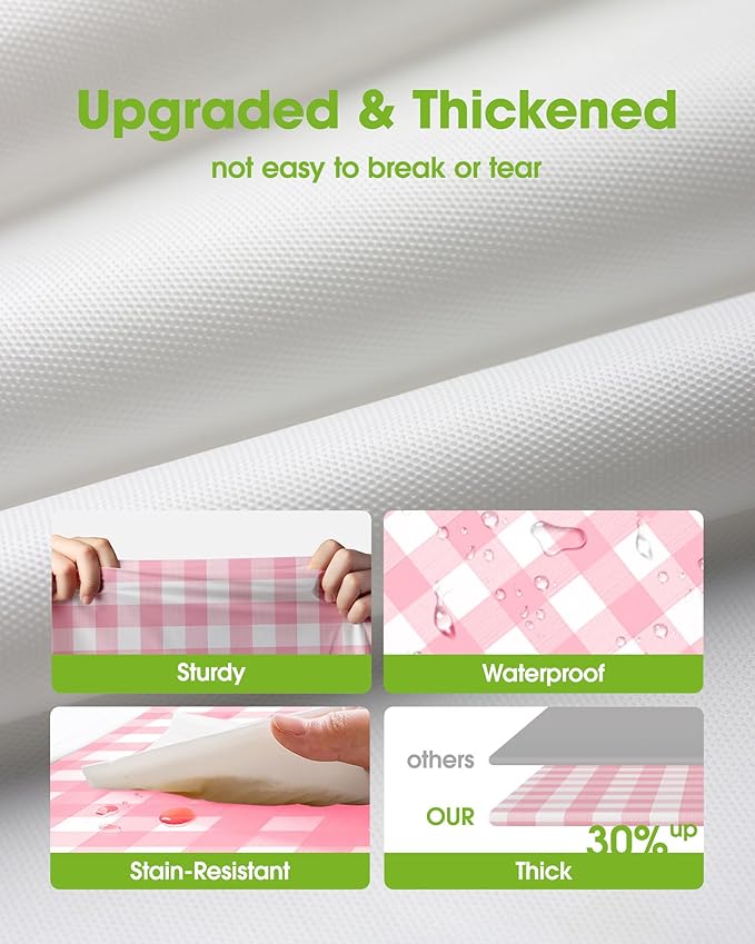 Pureegg Plastic Table Cloth Disposable 10 Pack, 54 x 108 Inch Table Cloths, Party, Picnic, Decorative Gingham Tablecloths, Rectangle, Pink and White Checkered Cover, Leakproof & Sturdy, Pink Plaid