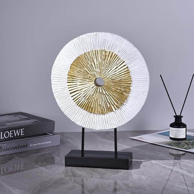 12" Tall Abstract White Gold Round Sculpture - Unique Home Decoration for Above Cupboard Decor, Living Room Coffee Table, Console, Office, Entrance, Table Centerpieces (White Gold)