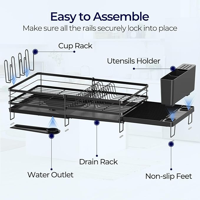Large Dish Drying Rack, Expandable Dish Rack for Kitchen Counter, Dish Drainer with Drainboard Set, Multifunctional Dishrack with Utensil & Cup Holder, 13.4"-28.7" L x 11.8" W x 7.4" H, Black