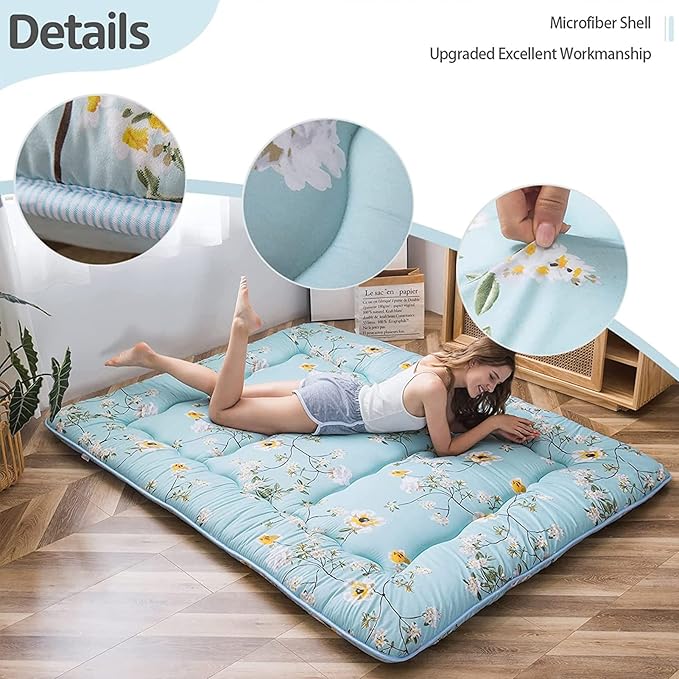 MAXYOYO Rustic Floral Korean Floor Mattress Japanese Futon Mattress, Foldable Roll Up Camping Mattress Floor Lounger Couches and Sofas Mattress Topper, Full
