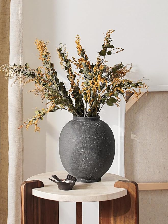 Large Blak Ceramic Vase - 9.8 Inch Rustic Farmhouse Flower Vase for Home Decor, Minimalist Tall Vases for Living Room, Table, Bathroom, Holiday & Weddings (Sandstone Black)