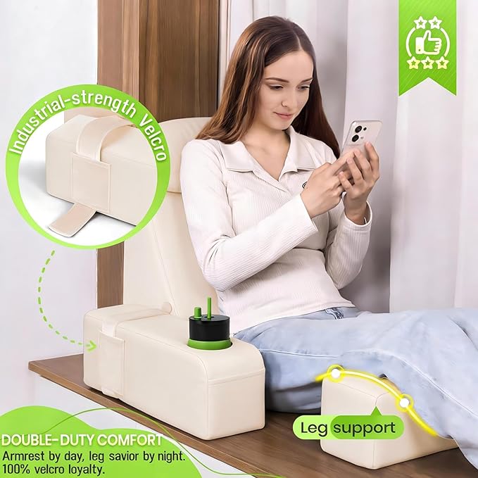 AS AWESLING Reading Pillow for Adults, Back Pillow for Bed Sitting Up, Backrest Pillow for Sitting in Bed, Detachable Arms with Built-in Cup & Phone Caddy (Beige, 21 INCH)