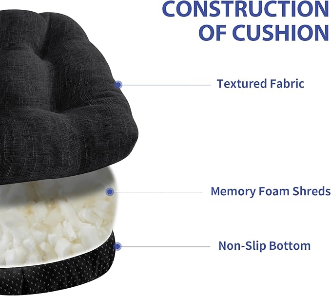 IPYNBAP Chair Cushions for Dining Chairs Set of 4, Kitchen Chair Cushions, Chair Pads with Ties and Non Slip Backing, Tufted Memory Foam Seat Cushion 4 Pack, 18" x 18" x 4", Black