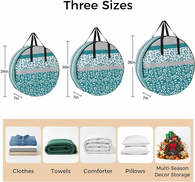 Storage Bag Turquoise Grey Leaves Round Storage Totes Bins Closet Organizers with Zippers & Handle Stitching Stripes Clothes Storage Container for Bedroom Dorm Space Saving Packing Supplies Bags