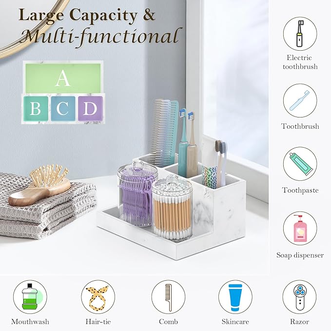 Toothbrush Holder for Bathroom with 2PCS Qtip Holder Dispenser, 3 Slot Bathroom Accessories Holder Floss Cotton Swab Holder Bathroom Vanity Tray for Perfume Comestic Organizer Counter Storage, White